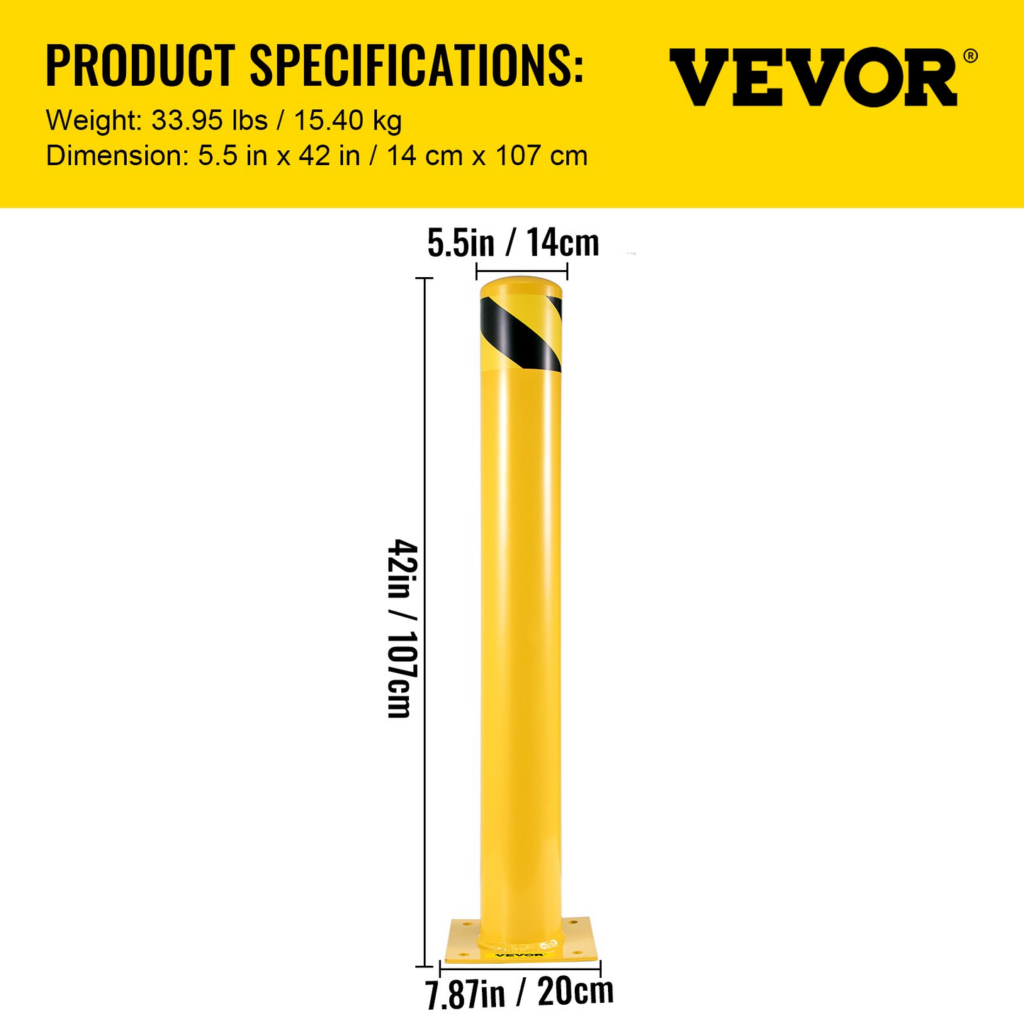 VEVOR Safety Bollard, 42 Inch Height Bollard Post, 5.5 Inch Diameter Steel Pipe Safety Bollard Post, Yellow Steel Bollard, Steel Safety Bollard with 8 Anchor Bolts, Perfect for Traffic-Sensitive Area