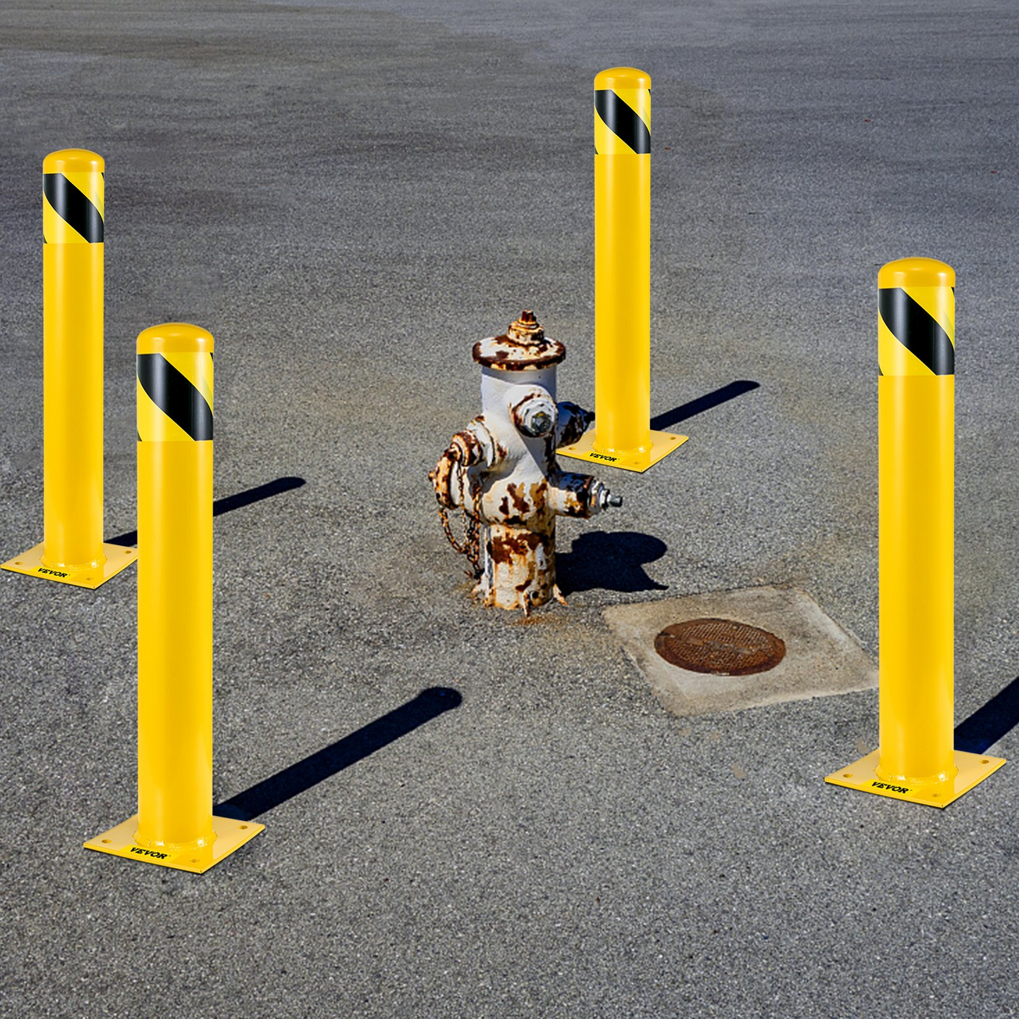 VEVOR Safety Bollard, 42 Inch Height Bollard Post, 5.5 Inch Diameter Steel Pipe Safety Bollard Post, Yellow Steel Bollard, Steel Safety Bollard with 8 Anchor Bolts, Perfect for Traffic-Sensitive Area