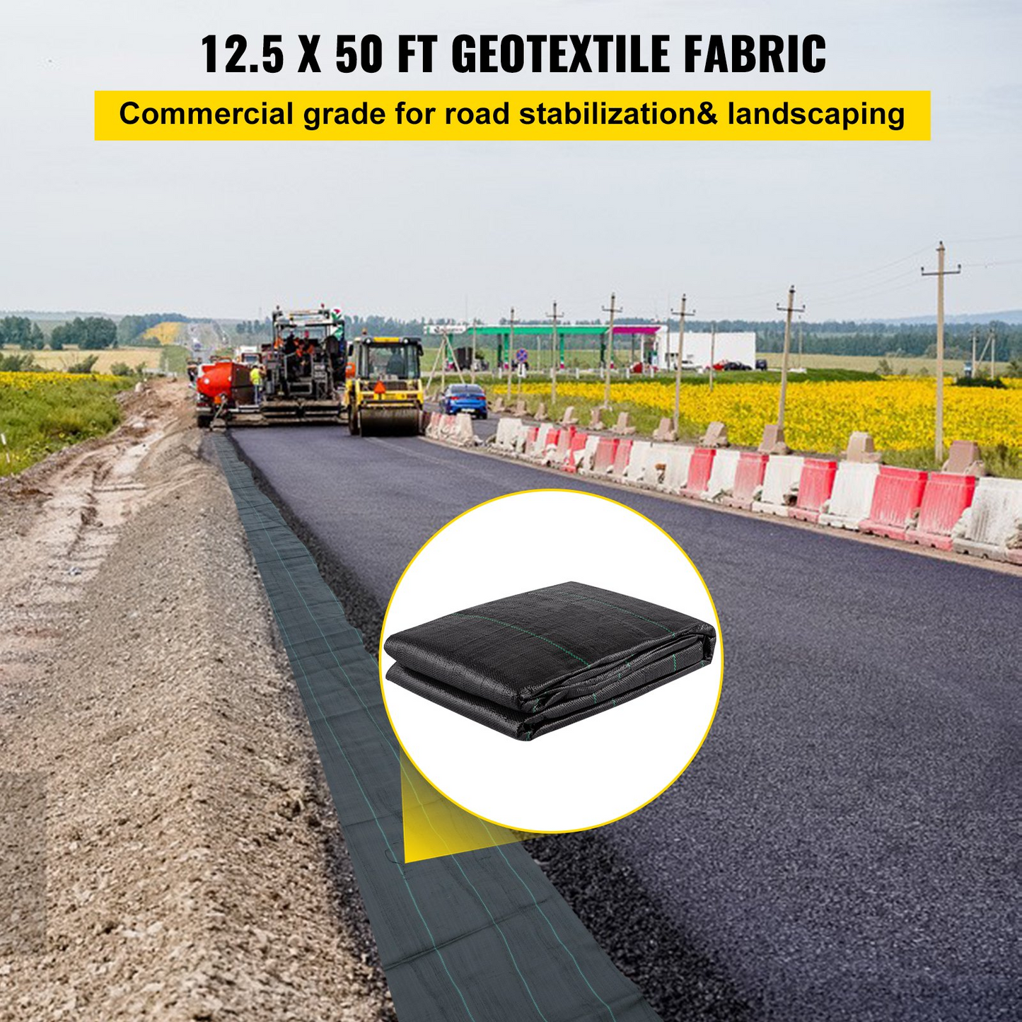 VEVOR Geotextile Fabric, 12.5 x 50 ft 3.5oz Woven PP Driveway Drain Cloth w/ 600lbs Tensile Strength, Heavy Duty Underlayment for Soil Stabilization, Landscaping, Weed Barrier, 12.5FT50FT-3.5OZ, Black