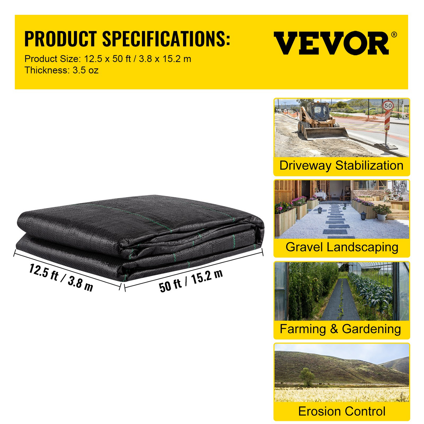 VEVOR Geotextile Fabric, 12.5 x 50 ft 3.5oz Woven PP Driveway Drain Cloth w/ 600lbs Tensile Strength, Heavy Duty Underlayment for Soil Stabilization, Landscaping, Weed Barrier, 12.5FT50FT-3.5OZ, Black