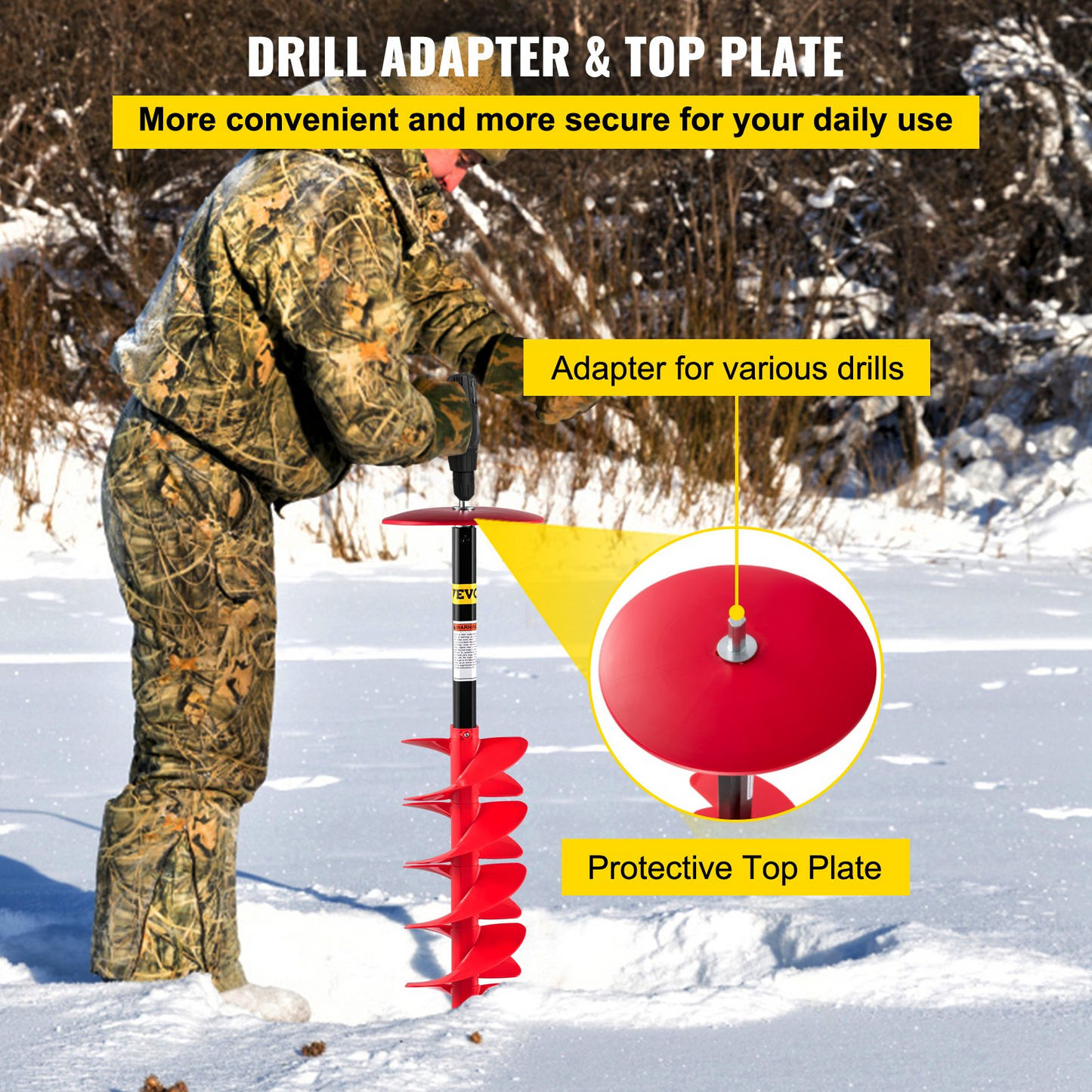 VEVOR Ice Drill Auger, 6" Diameter Nylon Ice Auger, 39" Length Ice Auger Bit,Auger Drill with 11.8" Extension Rod,Auger Bit w/Drill Adapter,Top Plate & Blade Guard for Ice Fishing Ice Burrowing Red