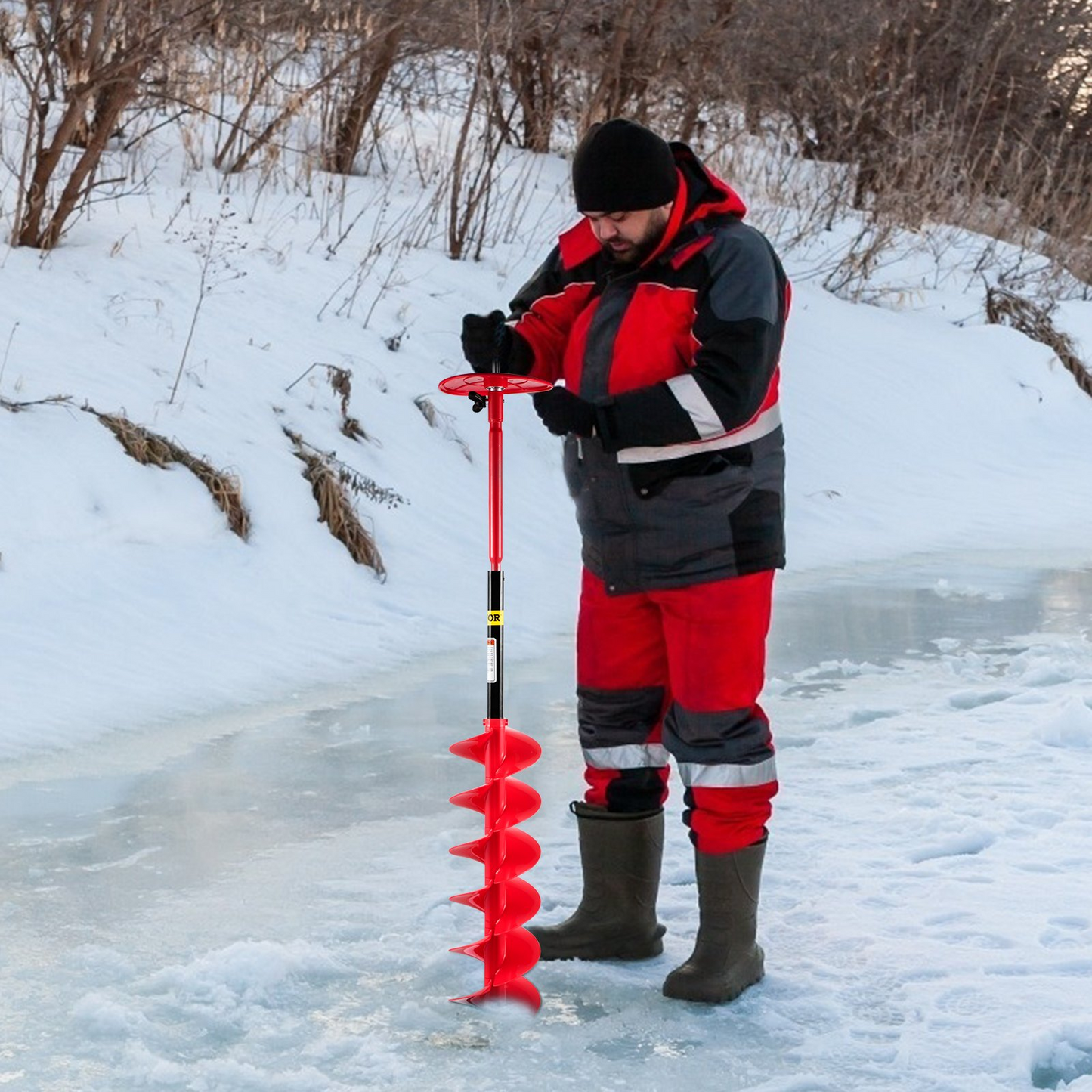 VEVOR Ice Drill Auger, 6" Diameter Nylon Ice Auger, 39" Length Ice Auger Bit,Auger Drill with 11.8" Extension Rod,Auger Bit w/Drill Adapter,Top Plate & Blade Guard for Ice Fishing Ice Burrowing Red