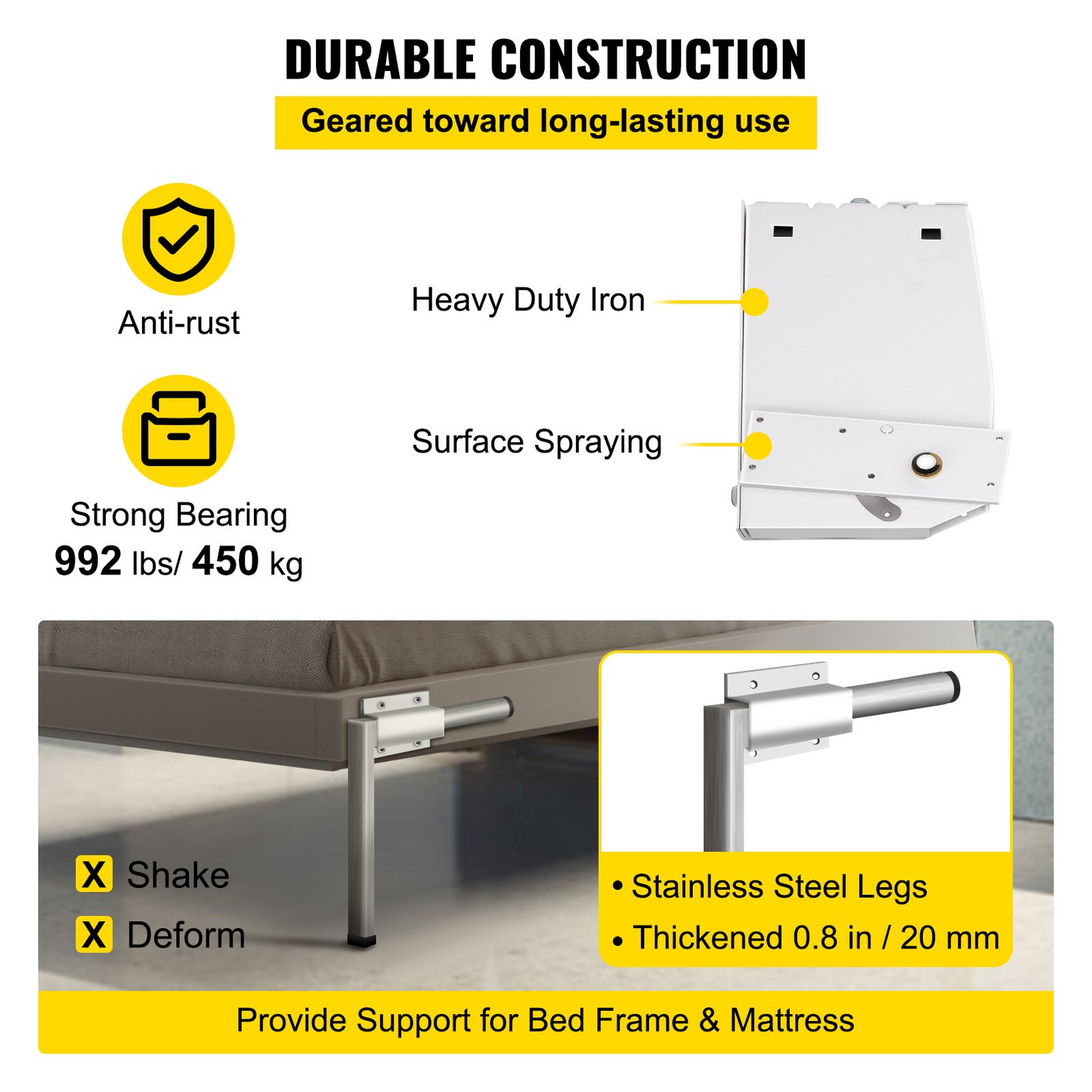 VEVOR Murphy Mounting Wall Springs Mechanism Heavy Duty Support Hardware DIY Kit for King Queen Bed (Vertical), White