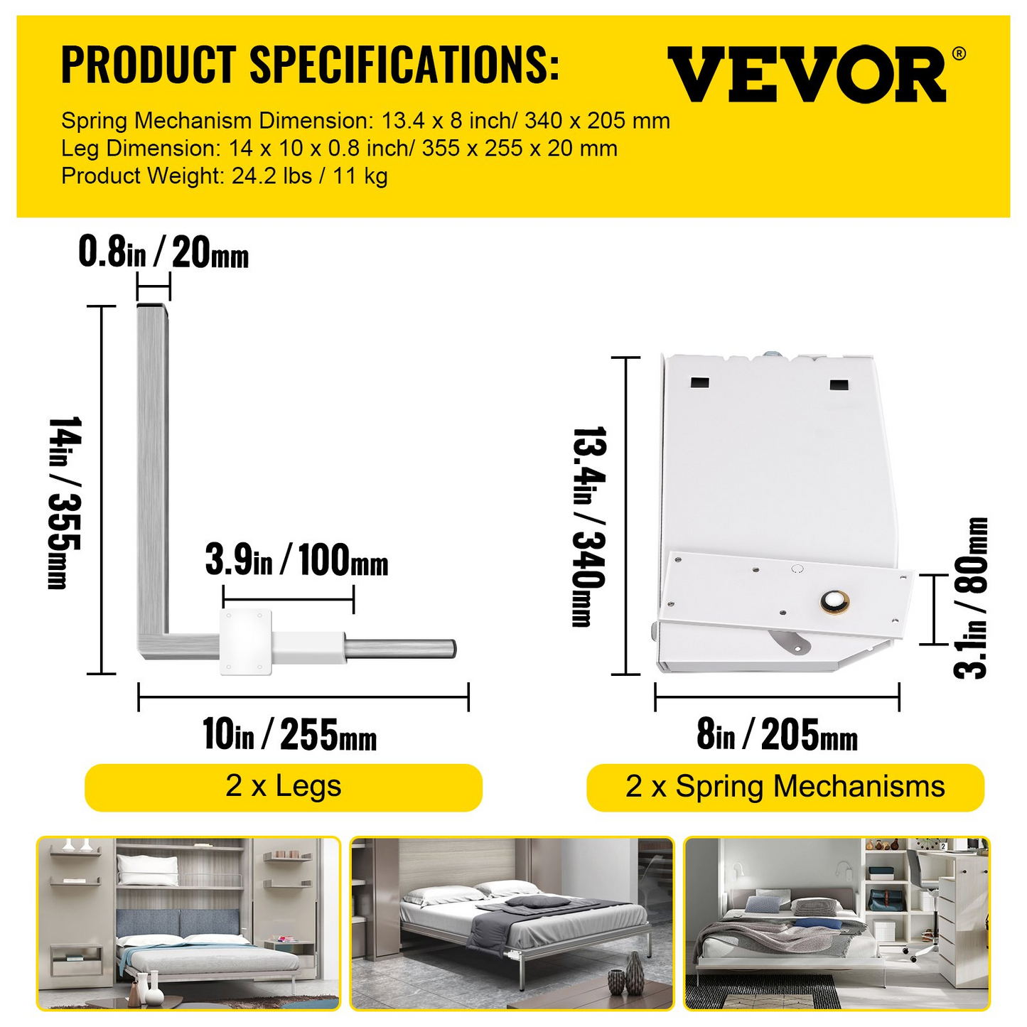 VEVOR Murphy Mounting Wall Springs Mechanism Heavy Duty Support Hardware DIY Kit for King Queen Bed (Vertical), White