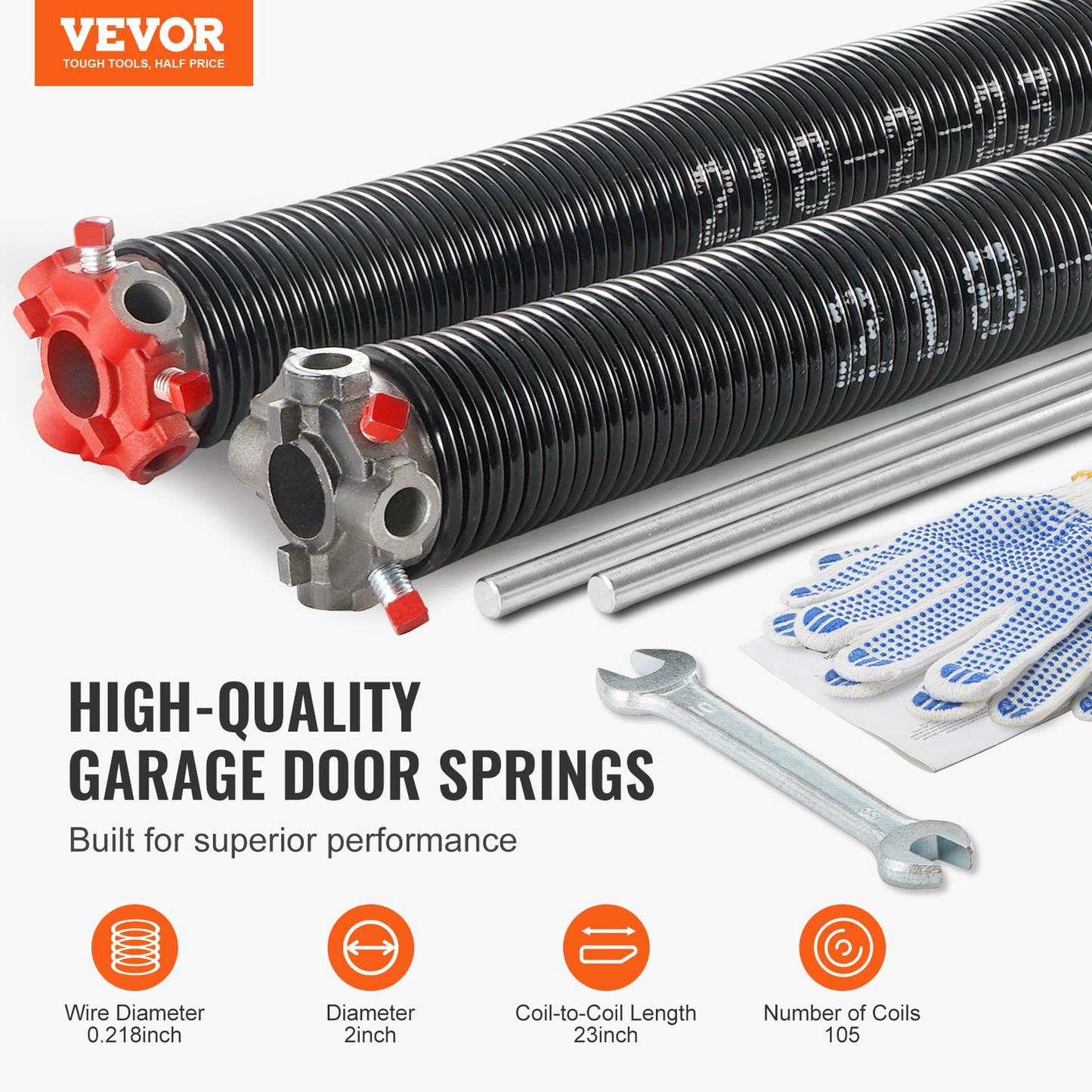 VEVOR Garage Door Torsion Springs, Pair of 0.218 x 2 x 23inch, Garage Door Springs with Non-Slip Winding Bars, 16000 Cycles, Gloves and Mounting Wrench, Electrophoresis Coated for Replacement