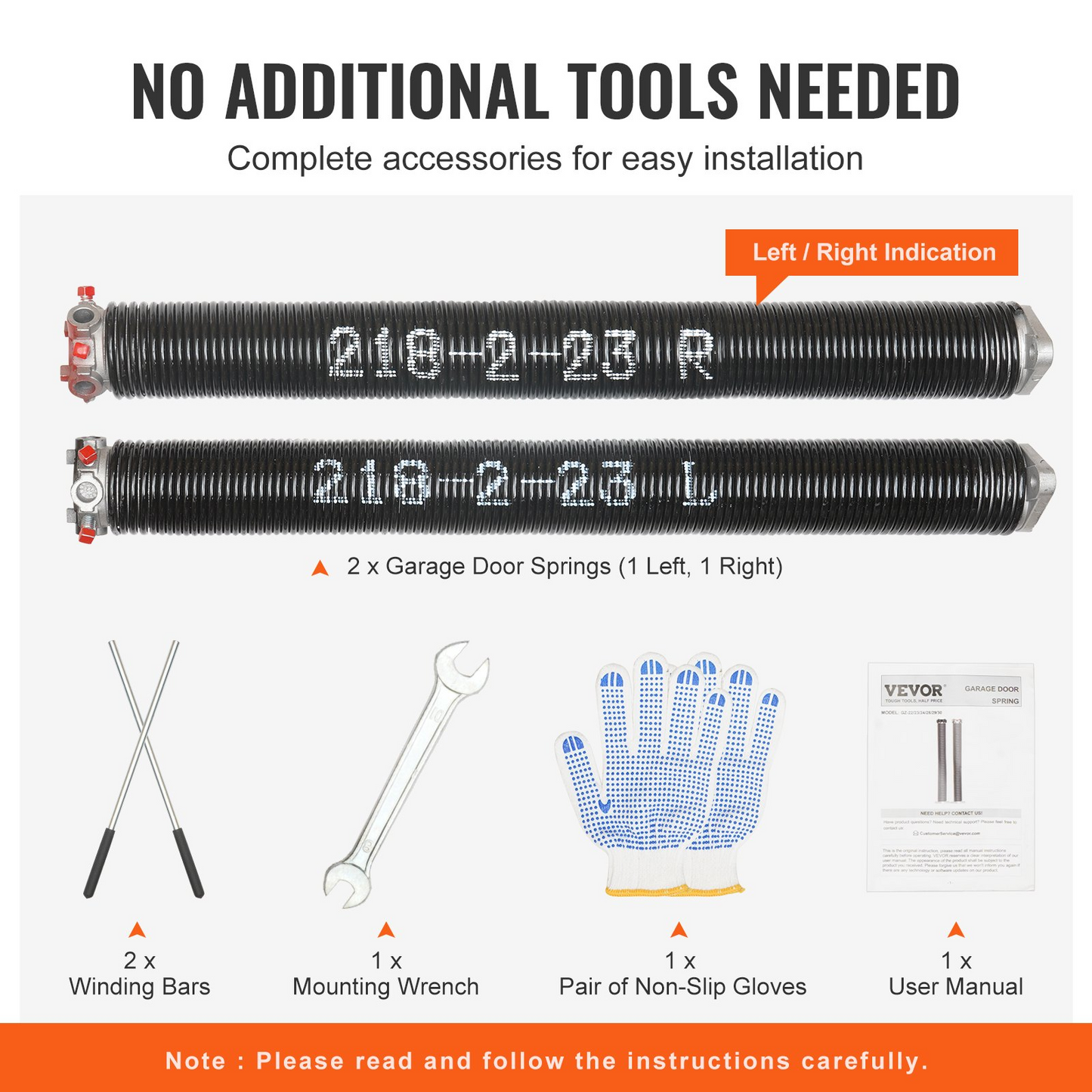 VEVOR Garage Door Torsion Springs, Pair of 0.218 x 2 x 23inch, Garage Door Springs with Non-Slip Winding Bars, 16000 Cycles, Gloves and Mounting Wrench, Electrophoresis Coated for Replacement