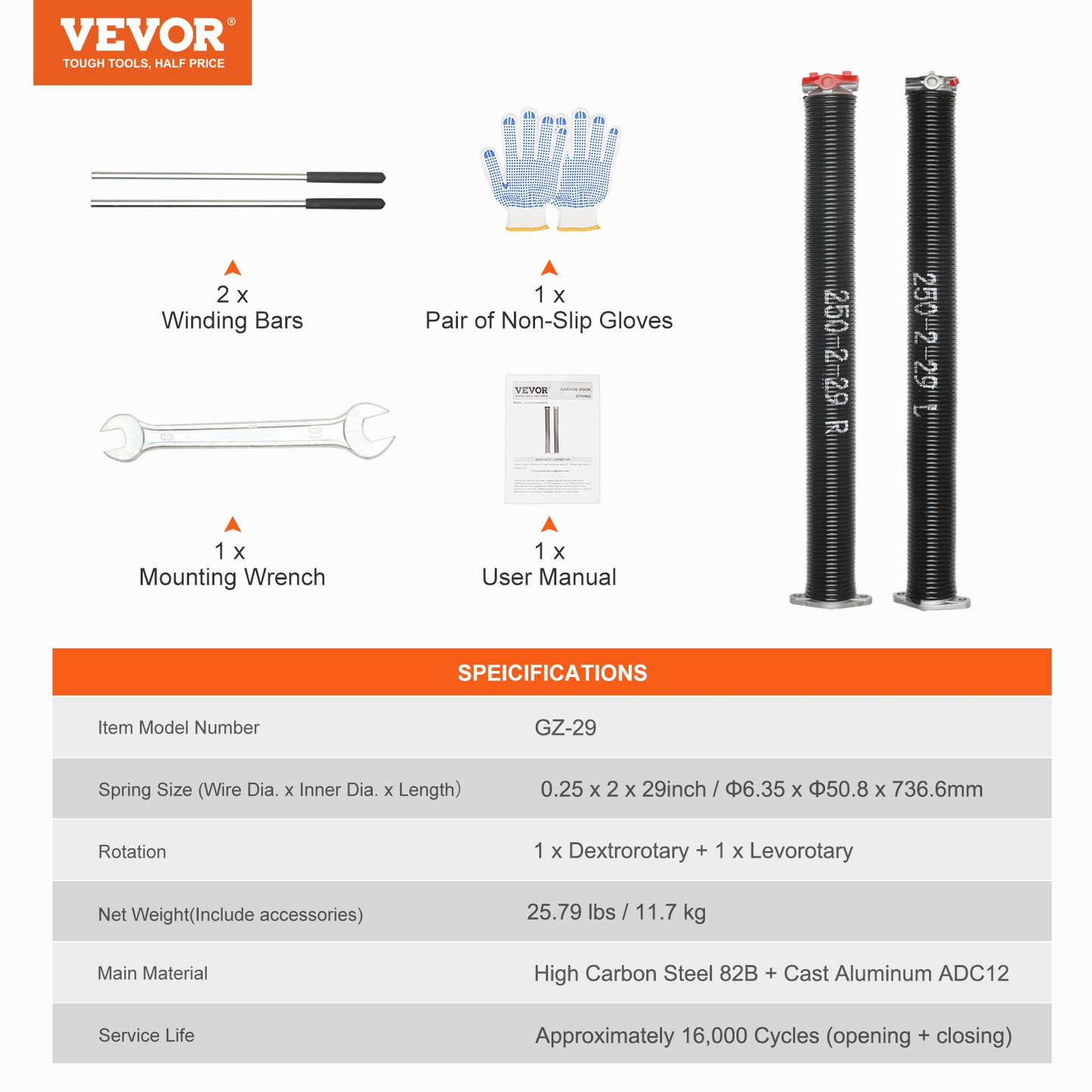 VEVOR Garage Door Torsion Springs, Pair of 0.25 x 2 x 29inch, Garage Door Springs with Non-Slip Winding Bars, 16000 Cycles, Gloves and Mounting Wrench, Electrophoresis Coated for Replacement