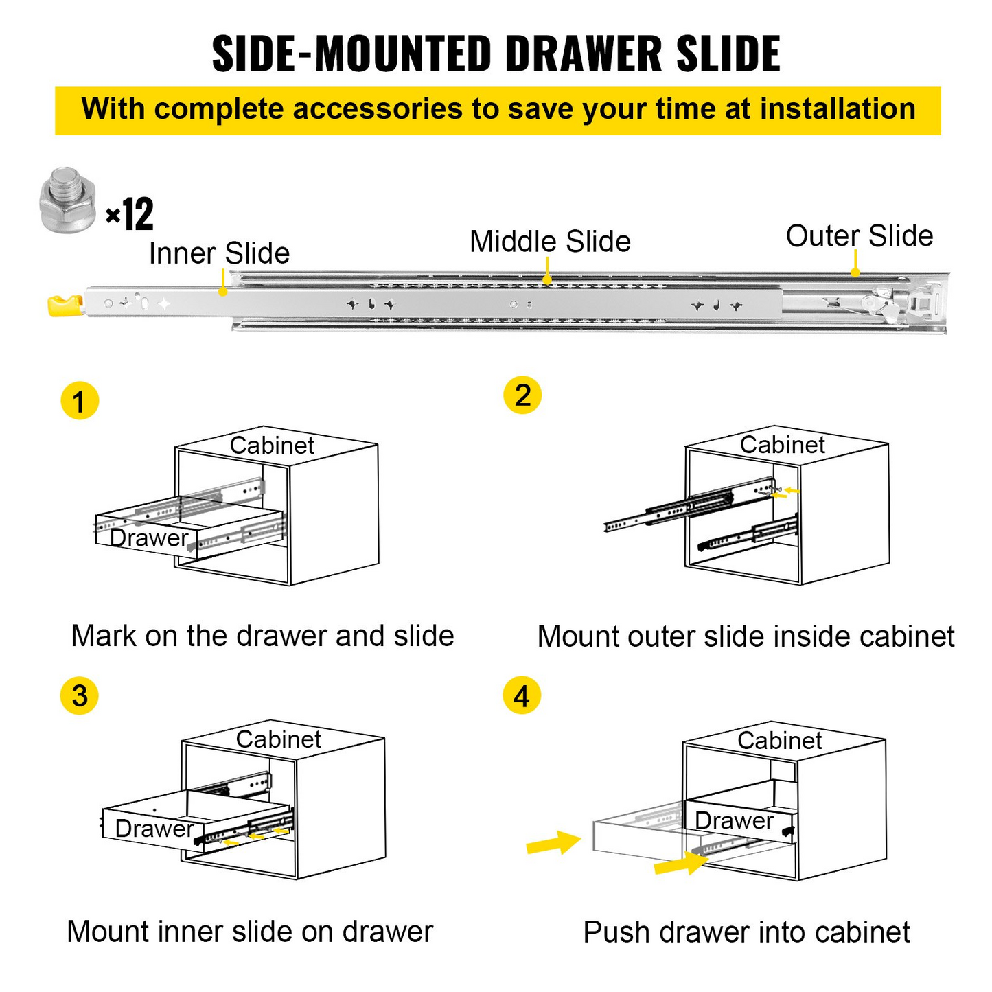 VEVOR Heavy Duty Drawer Slides 2PCS Drawer Slides 36" Locking Drawer Slides 250LBS Capacity Heavy Duty Slides Three Section Full Extension Drawer Slide Cold-Rolled Steel Industrial Drawer Slides