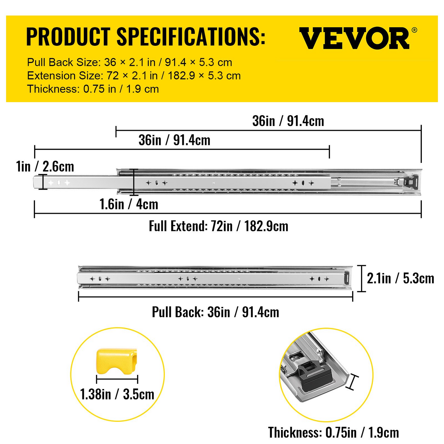 VEVOR Heavy Duty Drawer Slides 2PCS Drawer Slides 36" Locking Drawer Slides 250LBS Capacity Heavy Duty Slides Three Section Full Extension Drawer Slide Cold-Rolled Steel Industrial Drawer Slides