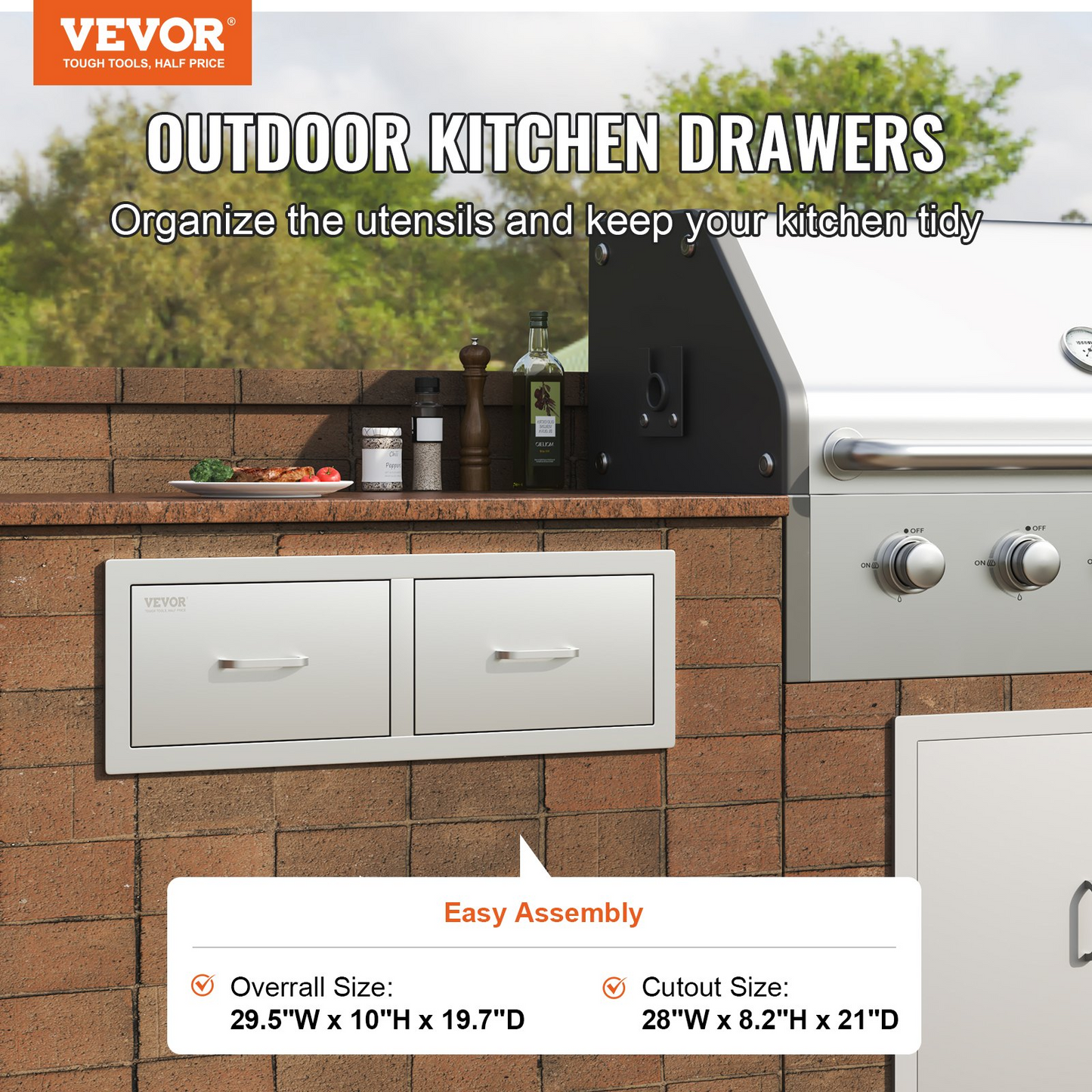 VEVOR Outdoor Kitchen Drawers 30" W x 10" H x 20" D, Horizontal Double BBQ Access Drawers Stainless Steel with Handle, BBQ Island Drawers for Outdoor Kitchens or Patio Grill Station