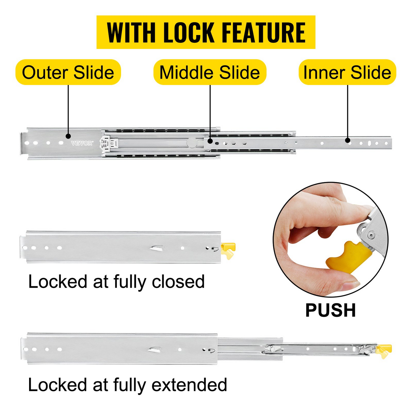 VEVOR Heavy Duty Drawer Slides 24" Length, Locking Drawer Slides 500lbs Load Capacity Long Full Extension Drawer Slide 1 Pair Side Mount Ball Bearing Drawer Glides Push to Open Drawer Runners Rail