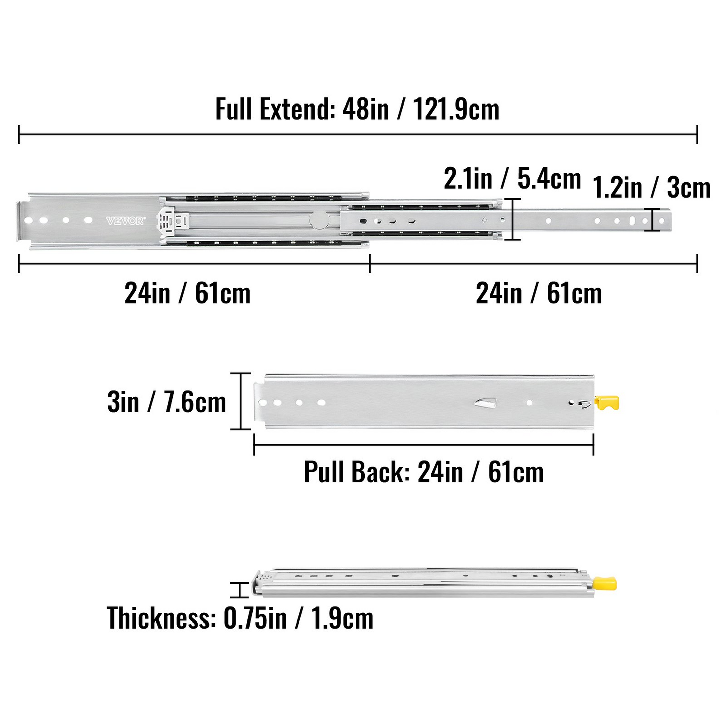 VEVOR Heavy Duty Drawer Slides 24" Length, Locking Drawer Slides 500lbs Load Capacity Long Full Extension Drawer Slide 1 Pair Side Mount Ball Bearing Drawer Glides Push to Open Drawer Runners Rail