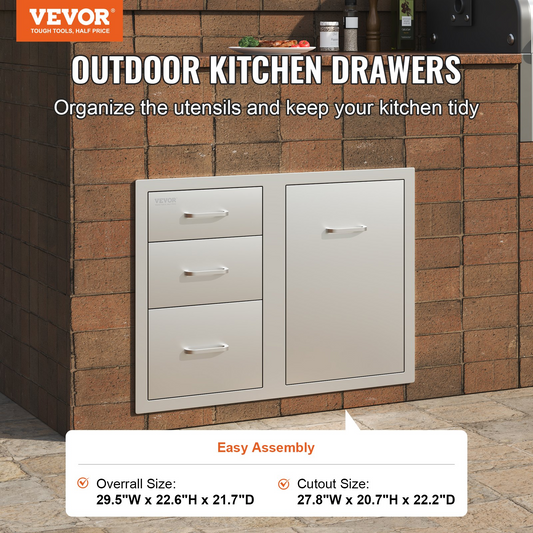 VEVOR Outdoor Kitchen Door Drawer Combo 29.5" W x 22.6" H x 21.7''D, Access Door/Triple Drawers with Propane Drawer and Adjustable Garbage Ring, Perfect for BBQ Island Patio Grill Station