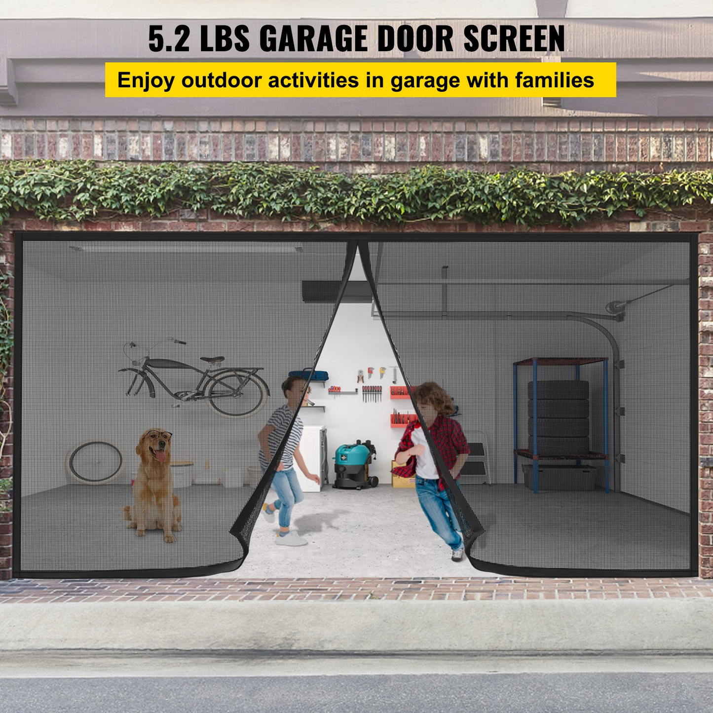 VEVOR Garage Door Screen, 16 x 7 ft for 2 Cars, 5.2 lbs Heavy-Duty Fiberglass Mesh for Quick Entry with Self Sealing Magnet and Weighted Bottom, Kids / Pets Friendly, Easy to Install and Retractable