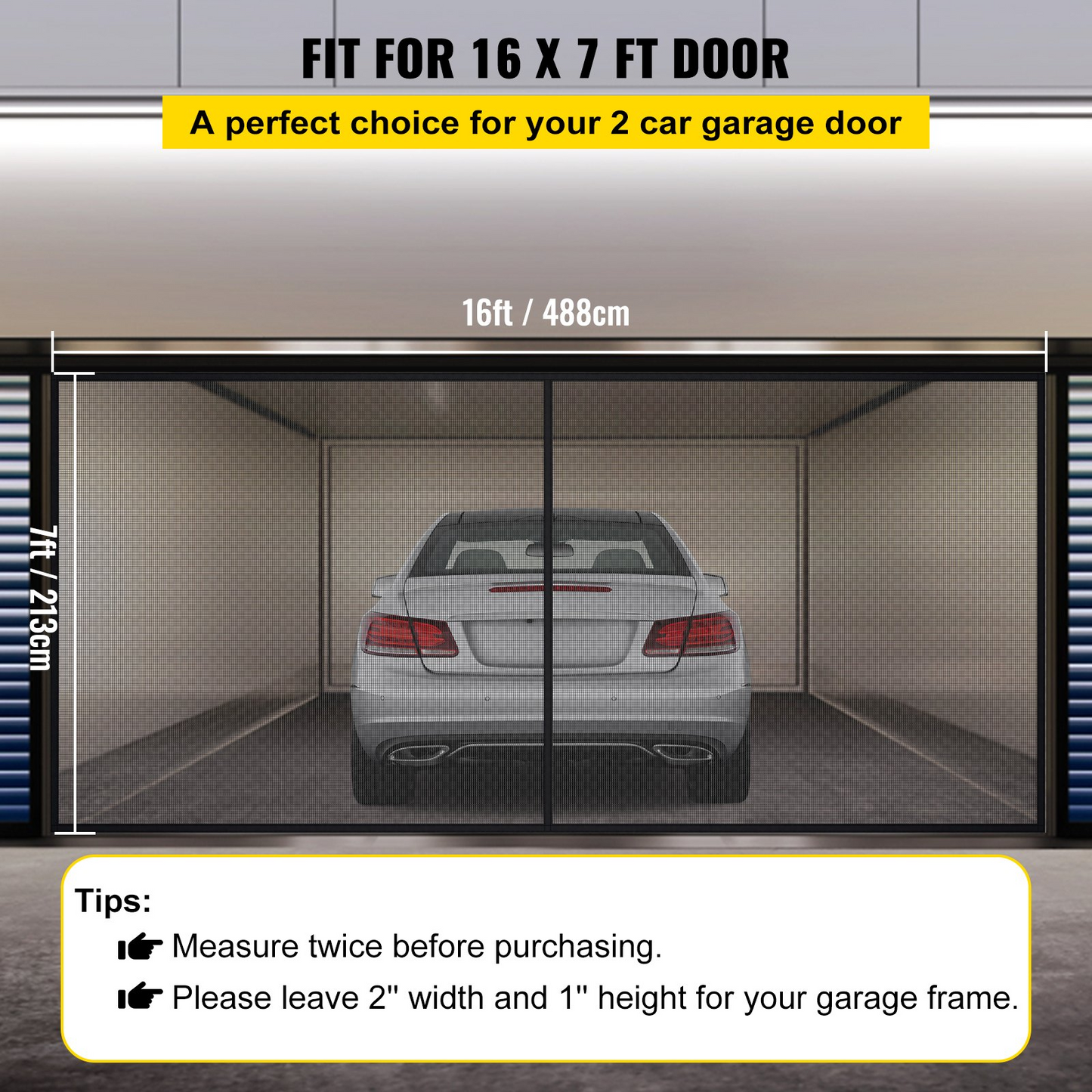 VEVOR Garage Door Screen, 16 x 7 ft for 2 Cars, 5.2 lbs Heavy-Duty Fiberglass Mesh for Quick Entry with Self Sealing Magnet and Weighted Bottom, Kids / Pets Friendly, Easy to Install and Retractable