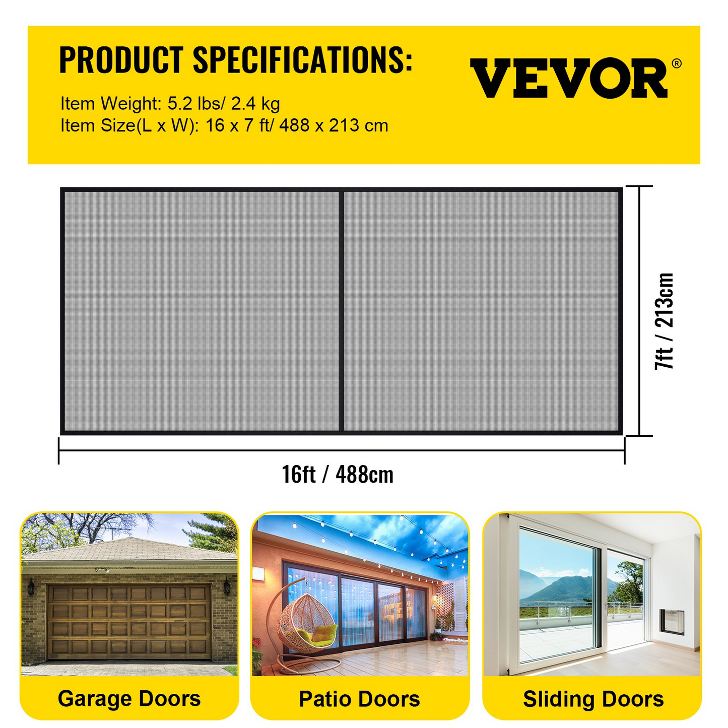 VEVOR Garage Door Screen, 16 x 7 ft for 2 Cars, 5.2 lbs Heavy-Duty Fiberglass Mesh for Quick Entry with Self Sealing Magnet and Weighted Bottom, Kids / Pets Friendly, Easy to Install and Retractable