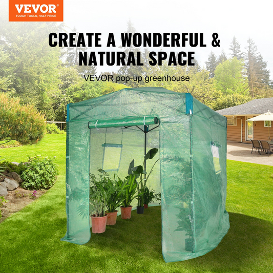 VEVOR Pop Up Greenhouse, 8'x 6'x 7.5' Pop-up Green House, Set Up in Minutes, High Strength PE Cover with Doors & Windows and Powder-Coated Steel Frame, Suitable for Planting and Storage, Green