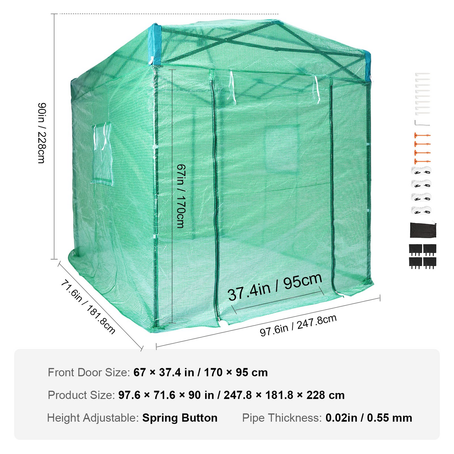 VEVOR Pop Up Greenhouse, 8'x 6'x 7.5' Pop-up Green House, Set Up in Minutes, High Strength PE Cover with Doors & Windows and Powder-Coated Steel Frame, Suitable for Planting and Storage, Green