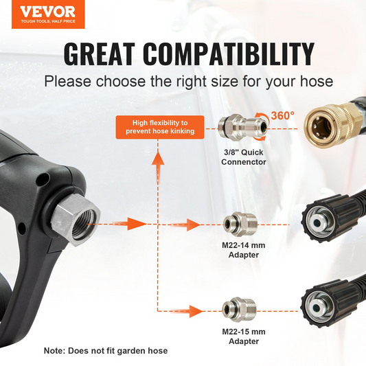 VEVOR Short Pressure Washer Gun, 5000 PSI High Power Washer Spay Gun, M22-14 mm / M22-15 / 3/8'' Inlet & 1/4'' Outlet Hose Connector Foam Gun, Pressure Washer Handle with 5 Color Quick Connect Nozzles