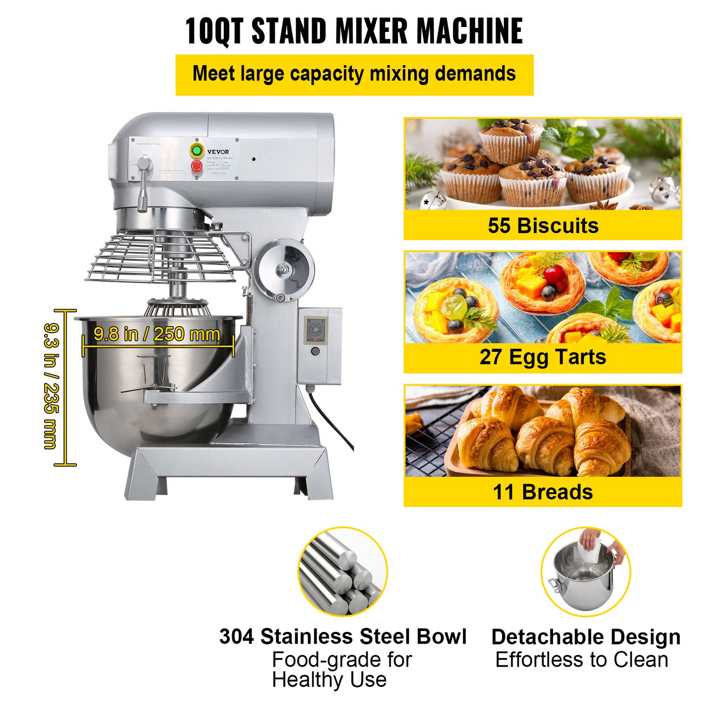 VEVOR Commercial Food Mixer 10Qt 450W 3 Speeds Adjustable 110/178/390 RPM Heavy Duty 110V with Stainless Steel Bowl Dough Hooks Whisk Beater Premium for Schools Bakeries Restaurants Pizzerias