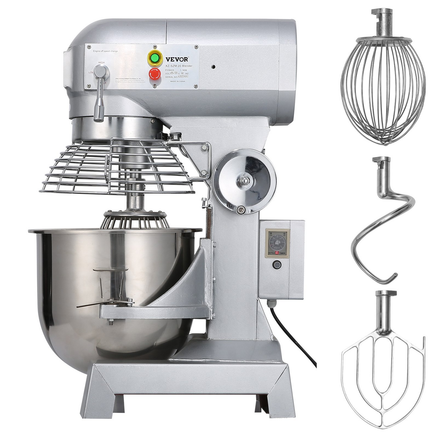 VEVOR Commercial Food Mixer 10Qt 450W 3 Speeds Adjustable 110/178/390 RPM Heavy Duty 110V with Stainless Steel Bowl Dough Hooks Whisk Beater Premium for Schools Bakeries Restaurants Pizzerias