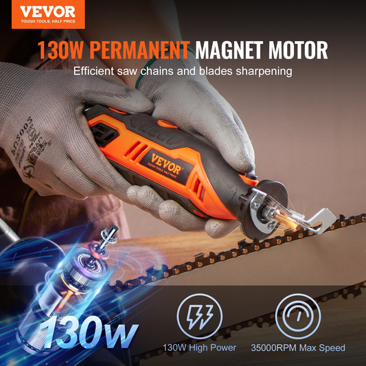 VEVOR Electric Chainsaw Sharpener Kit, 35000RPM Electric Handheld Saw Chain Blade Sharpener, 6 Speeds Professional Chain Saw Sharpener Tool with 4 Titanium-Plated Sharpening Wheels, Angle Attachment