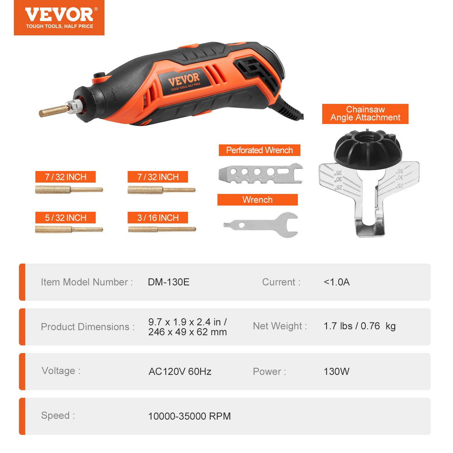 VEVOR Electric Chainsaw Sharpener Kit, 35000RPM Electric Handheld Saw Chain Blade Sharpener, 6 Speeds Professional Chain Saw Sharpener Tool with 4 Titanium-Plated Sharpening Wheels, Angle Attachment