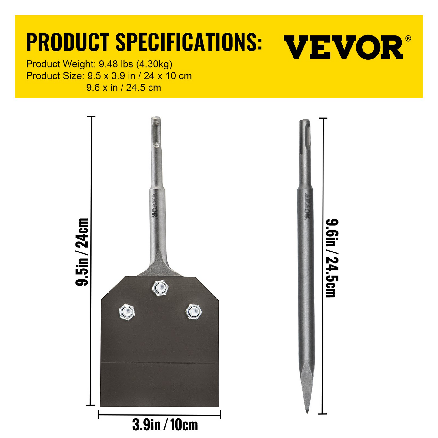 VEVOR Clay Spade, 3.9" x 9.5" SDS Plus Shank, 40Cr Steel Jackhammer Bit for Electric Demolition Jack Hammer w/Point Chisel, Trenching and Digging Shovel Bit for Clay, Gravel, Frozen Soil