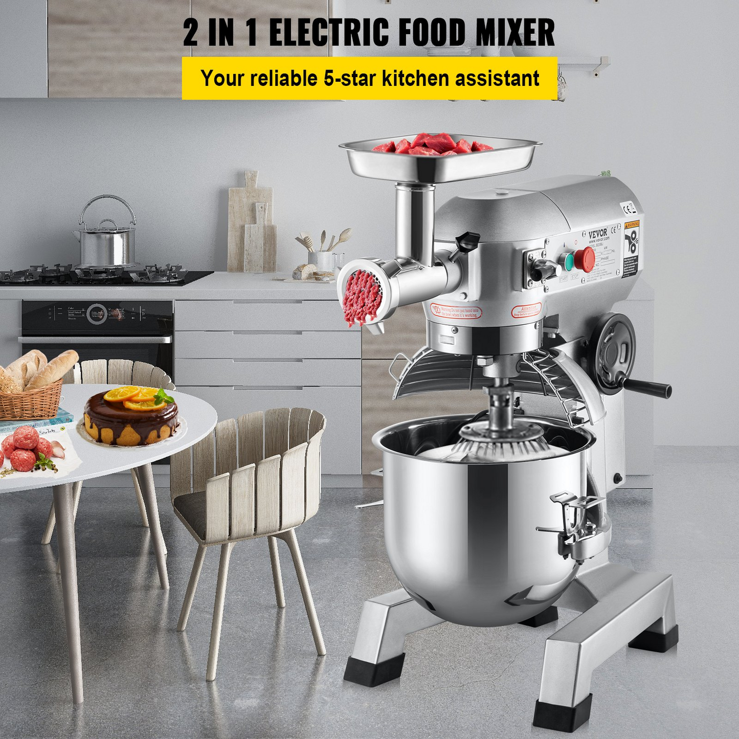 VEVOR Commercial Stand Mixer, 20Qt Stainless Steel Bowl, 1100W 2 in 1 Multifunctional Electric Food Mixer with Meat Grinder & 3 Speeds, Dough Hook Whisk Beater Included, Perfect for Bakery Pizzeria