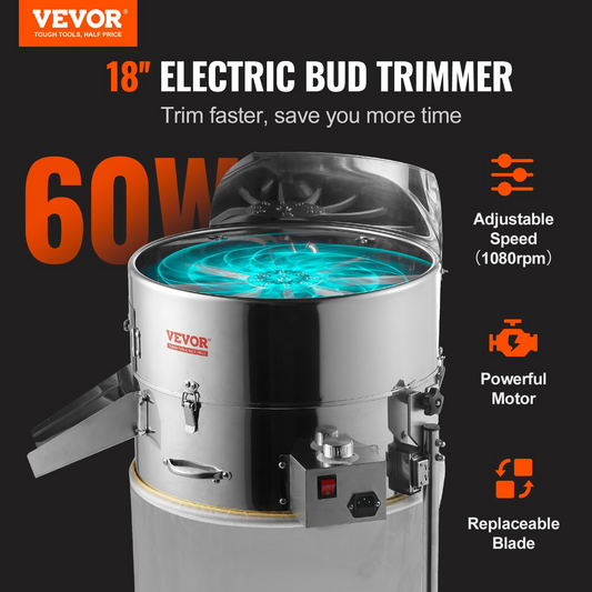 VEVOR Electric Bud Trimmer, 19'' Electric Leaf Trimmer Machine with 60W Adjustable Speed, Tillable Trimmer with Stainless-Steel Blades, Bud Leaf Trimmer Mesh Bag & Hand Pruner Included for Leaves, Bud