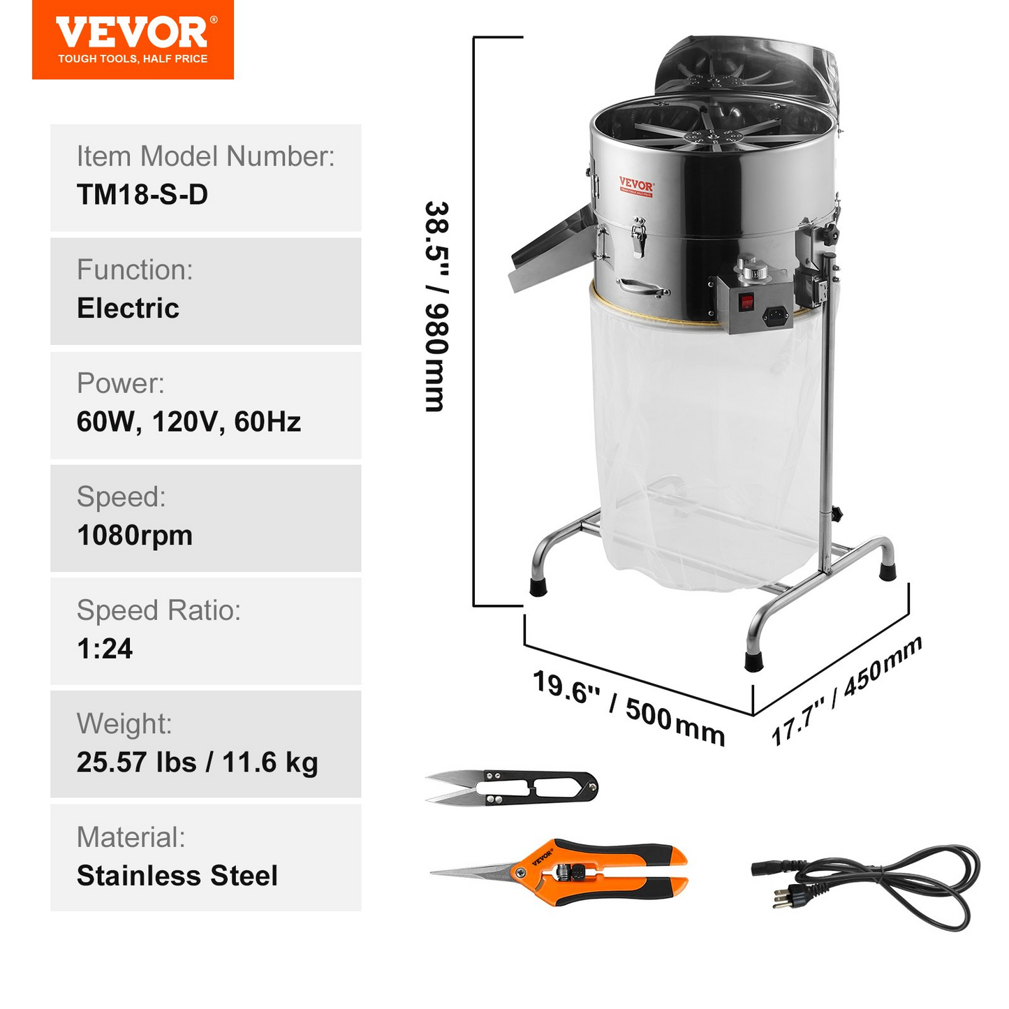 VEVOR Electric Bud Trimmer, 19'' Electric Leaf Trimmer Machine with 60W Adjustable Speed, Tillable Trimmer with Stainless-Steel Blades, Bud Leaf Trimmer Mesh Bag & Hand Pruner Included for Leaves, Bud