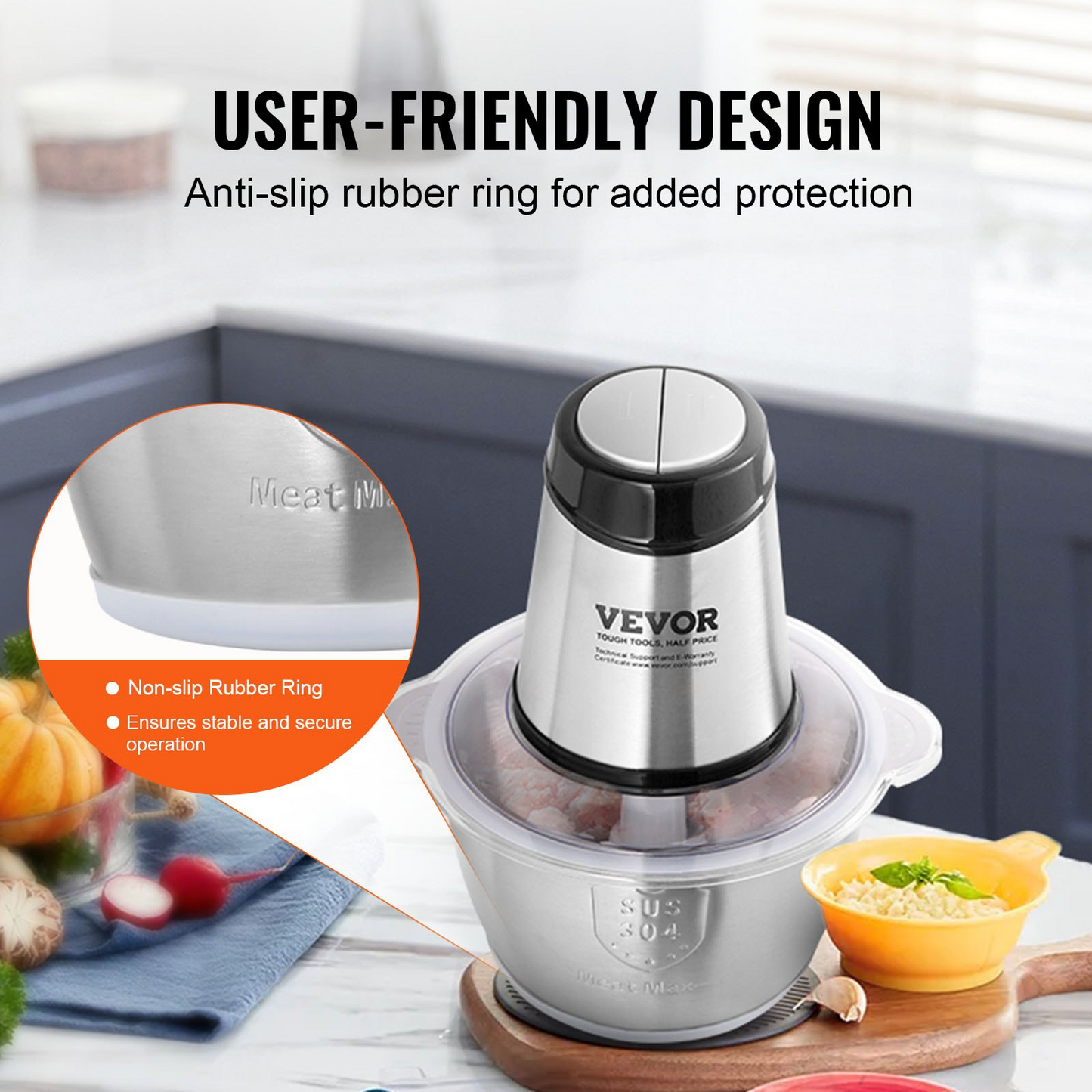 VEVOR Food Processor, Electric Meat Grinder with 4-Wing Stainless Steel Blades, 400W Electric Food Chopper, 8 Cup Stainless Steel Bowl, 2 Speeds Food Grinder for Baby Food, Meat, Onion, Vegetables