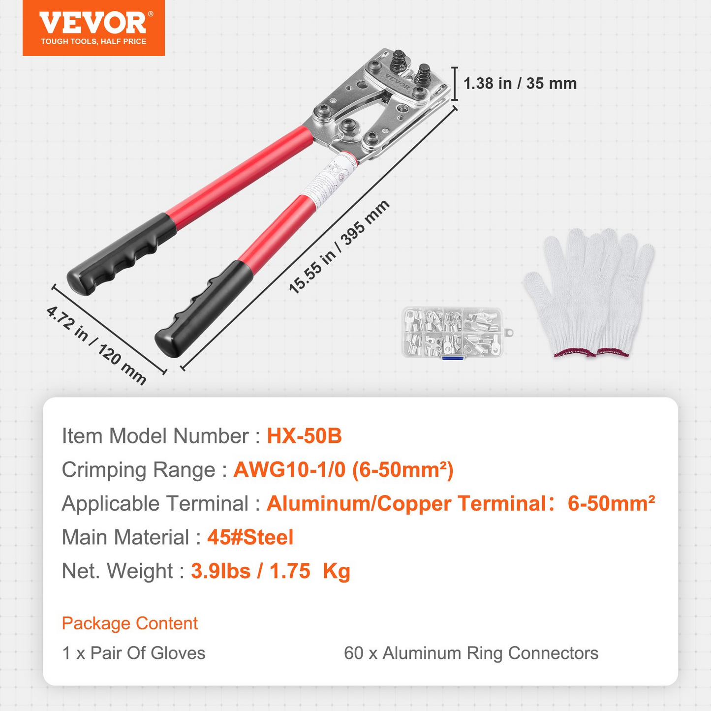 VEVOR Battery Cable Lug Crimping Tool, 10-1/0 AWG with Heavy Duty Wire Lugs, with 60PCS Aluminum Ring Connectors Terminals 6 Wire Sizes Crimping Die Aluminum Terminal Battery Lug Crimper