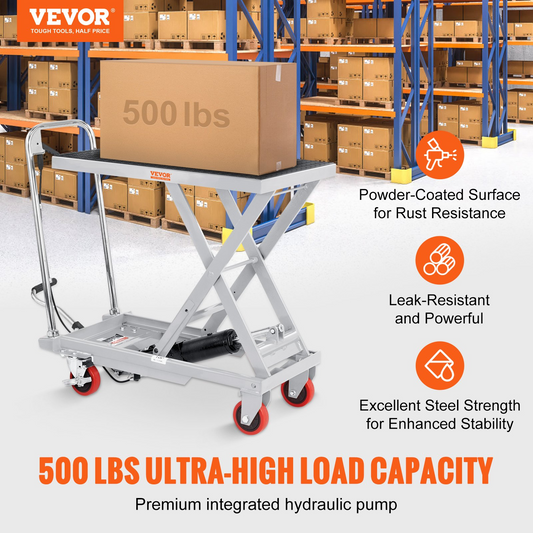 VEVOR Hydraulic Lift Table Cart, 500lbs Capacity 28.5" Lifting Height, Manual Single Scissor Lift Table with 4 Wheels and Non-slip Pad, Hydraulic Scissor Cart for Material Handling, Gray