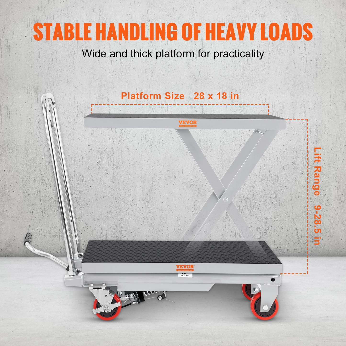 VEVOR Hydraulic Lift Table Cart, 500lbs Capacity 28.5" Lifting Height, Manual Single Scissor Lift Table with 4 Wheels and Non-slip Pad, Hydraulic Scissor Cart for Material Handling, Gray