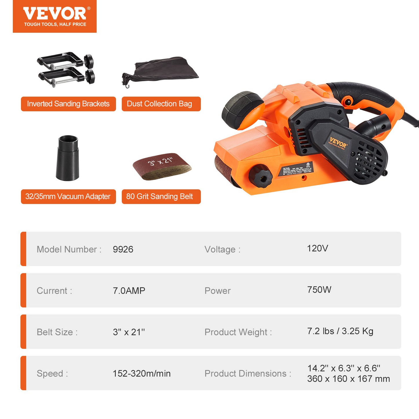 VEVOR 7AMP Belt Sander, 3" x 21" Belt Sanders for Woodworking with 6 Speeds 152-320 m/min, Powerful Bench Sander Machine with 2 in 1 Vacuum Adapter, Dust Bag, 80 Grit Sanding Belt