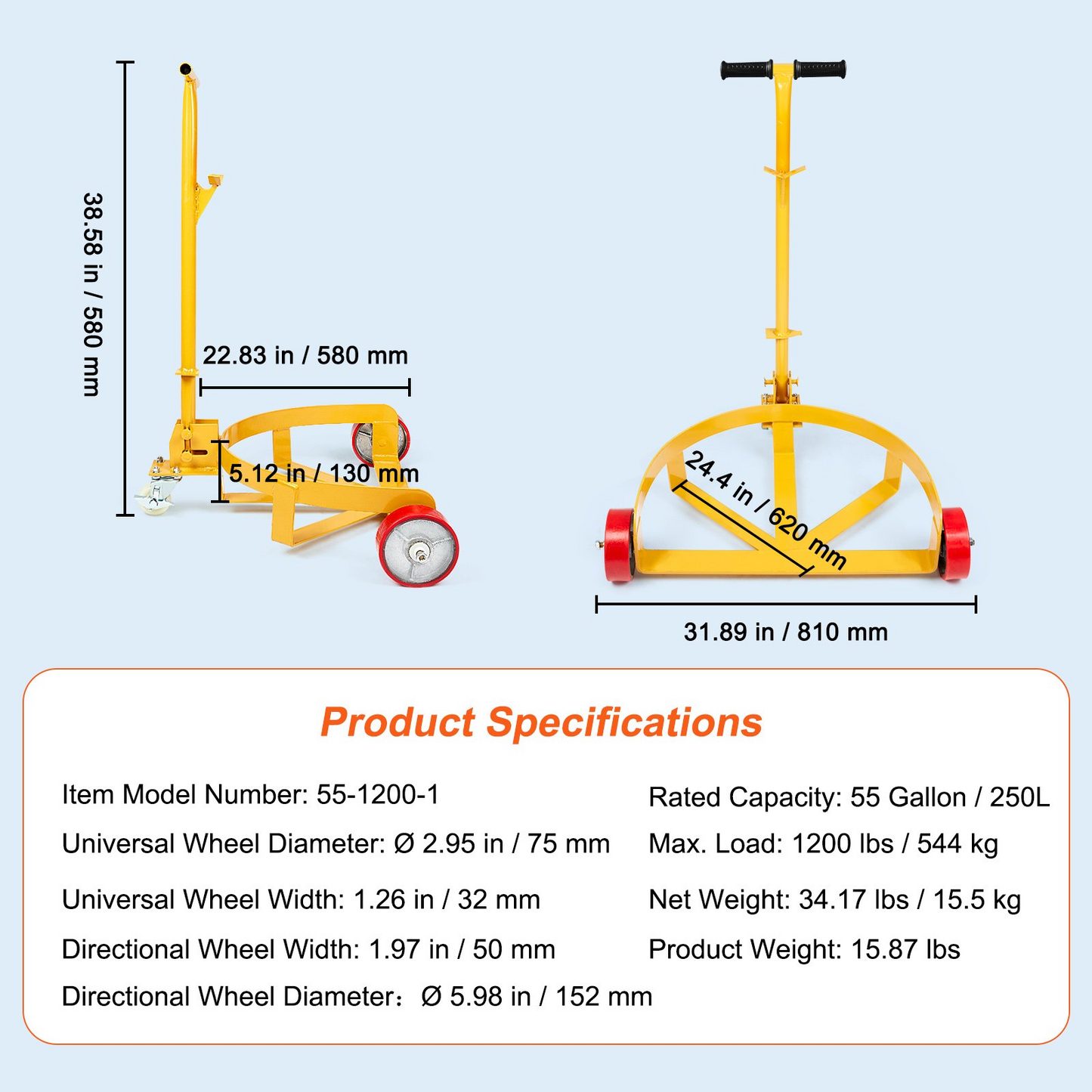 VEVOR 55 Gallon Drum Dolly, 1200 lbs Load Capacity, Barrel Dolly Cart Drum Caddy Round Dolly Steel Low Profile, Heavy Duty Steel Frame with Adjustable Handle 3 Wheels, for Workshop Factory Warehouse