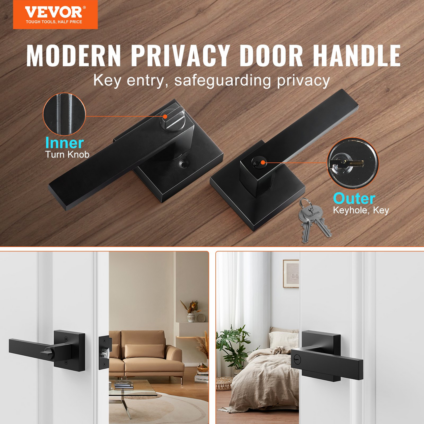 VEVOR Entry Lever Door Handle, 2 PCS Black Entry Knob, Lock and Key Locking Lever Set, Contemporary Square Door Lever, Reversible for Right and Left Sided Doors, 45° Rotation to Open, for Front Door