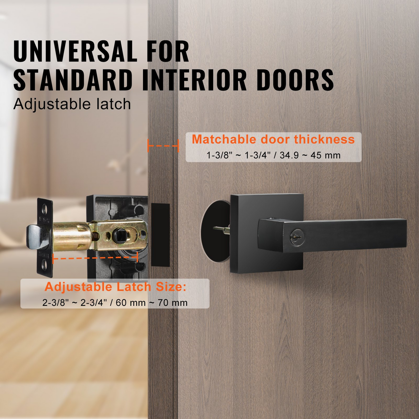 VEVOR Entry Lever Door Handle, 2 PCS Black Entry Knob, Lock and Key Locking Lever Set, Contemporary Square Door Lever, Reversible for Right and Left Sided Doors, 45° Rotation to Open, for Front Door