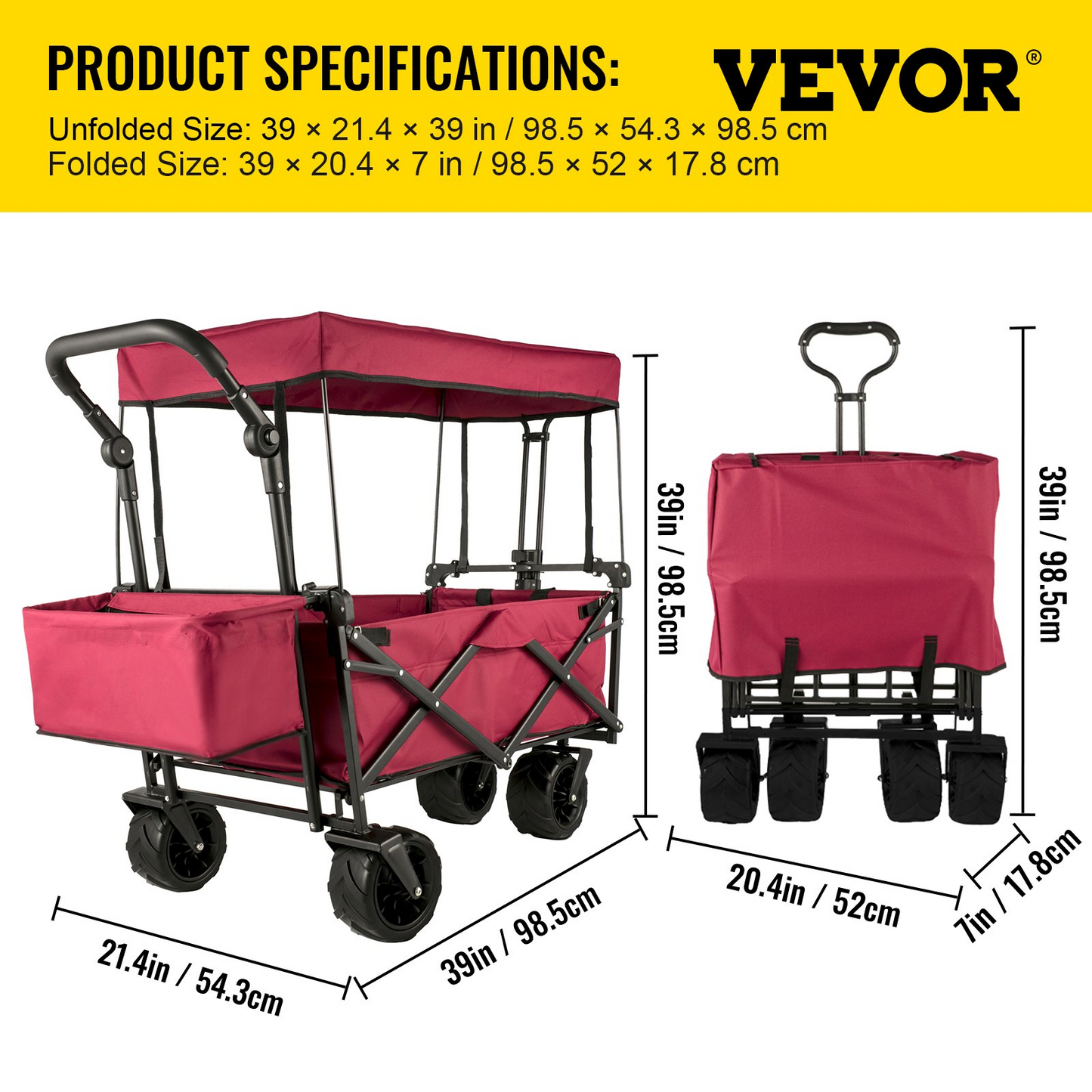 VEVOR Extra Large Collapsible Garden Cart with Removable Canopy, Folding Wagon Utility Carts with Wheels and Rear Storage, Wagon Cart for Garden, Camping, Grocery Cart, Shopping Cart, Red