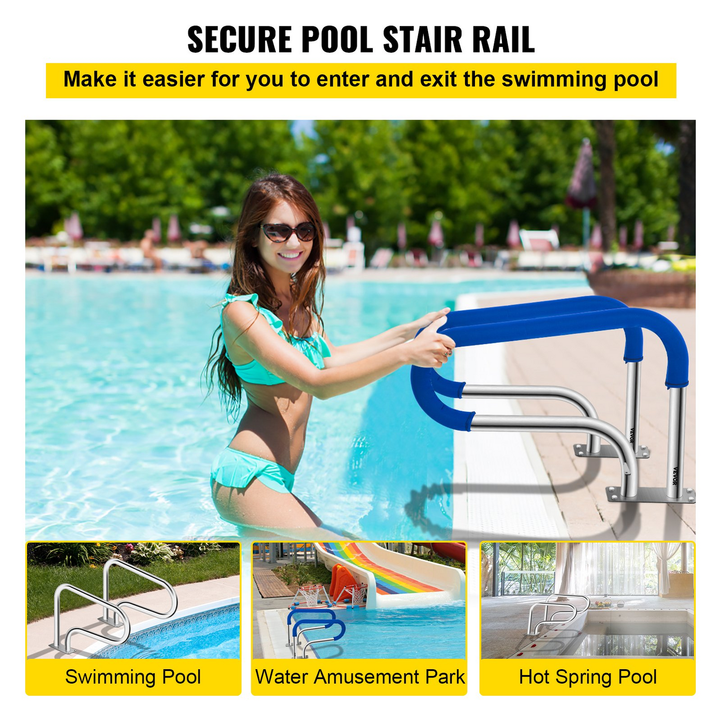 VEVOR Pool Handrail, 32 x 22.5 Swimming Pool Stair Rail, 304 Stainless Steel Stair Pool Hand Rail Rated 375lbs Load Capacity, Pool Rail with Quick Mount Base Plate, and Complete Mounting Accessories