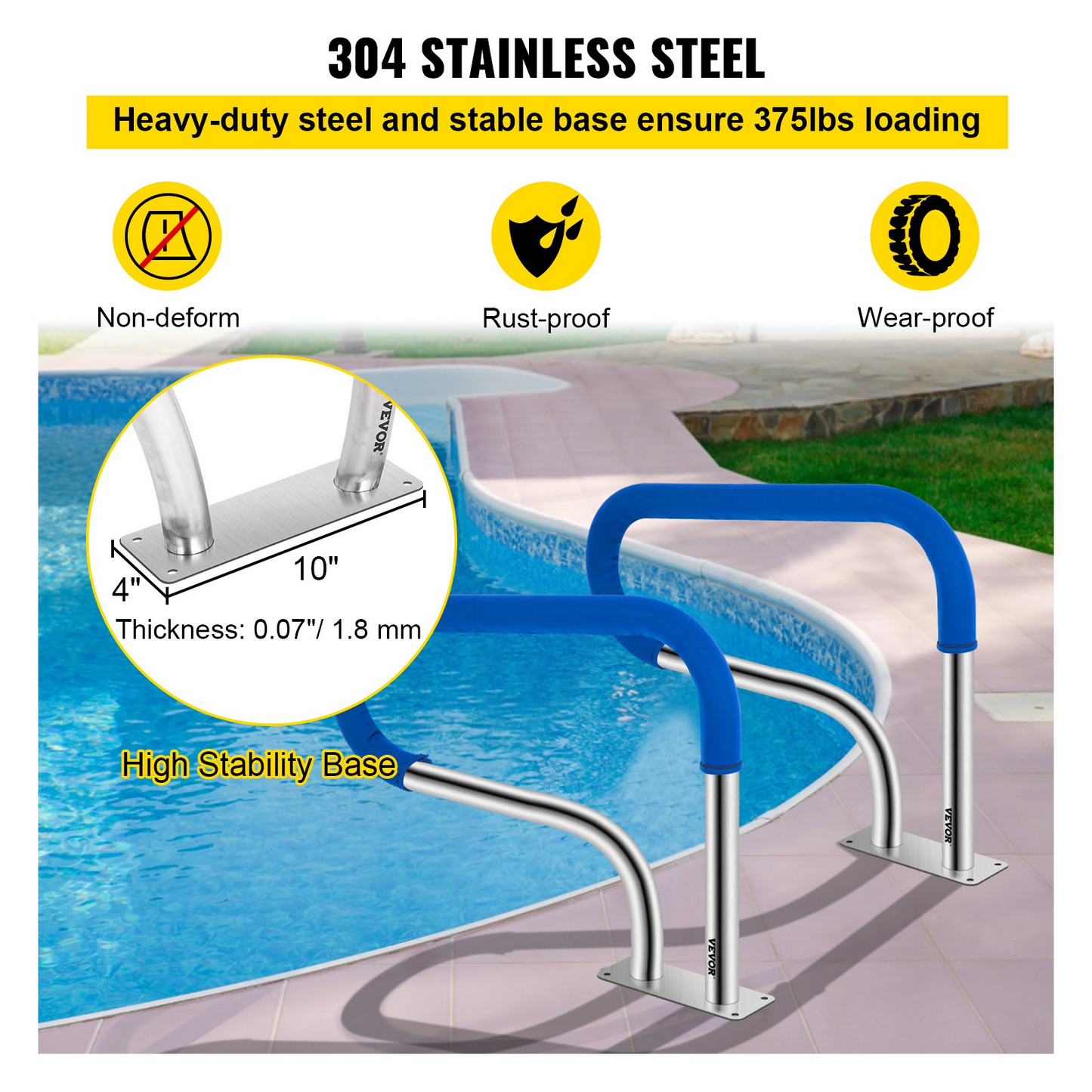 VEVOR Pool Handrail, 32 x 22.5 Swimming Pool Stair Rail, 304 Stainless Steel Stair Pool Hand Rail Rated 375lbs Load Capacity, Pool Rail with Quick Mount Base Plate, and Complete Mounting Accessories