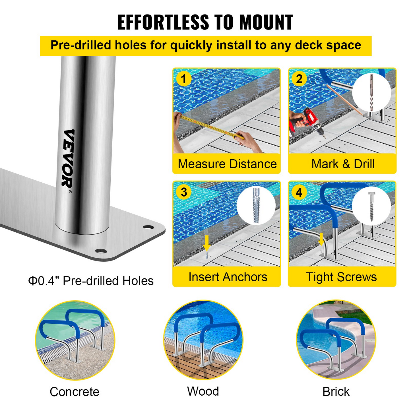 VEVOR Pool Handrail, 32 x 22.5 Swimming Pool Stair Rail, 304 Stainless Steel Stair Pool Hand Rail Rated 375lbs Load Capacity, Pool Rail with Quick Mount Base Plate, and Complete Mounting Accessories