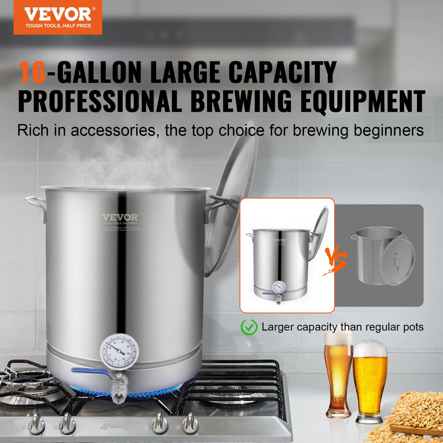 VEVOR Stainless Steel Kettle, 16 GALLON Brewing Pot, Tri Ply Bottom for Beer, Brew Kettle Pot, Home Brewing Supplies Includes Lid, Handle, Thermometer, Ball Valve Spigot, Filter, Filter Tray