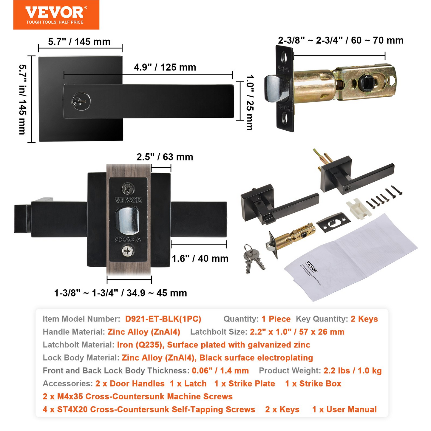 VEVOR Entry Lever Door Handle, 1 PC Black Entry Knob, Lock and Key Locking Lever Set, Contemporary Square Door Lever, Reversible for Right and Left Sided Doors, 45° Rotation to Open, for Front Door