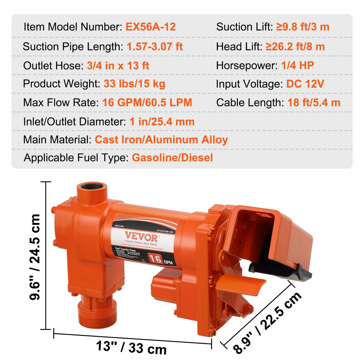 VEVOR Fuel Transfer Pump, 12V DC 16 GPM 1/4 HP, Gasoline Extractor Pump with Automatic Nozzle, Discharge Hose & Suction Pipe for Gasoline, Diesel, Kerosene, Ethanol & Methanol Blends, and Biodiesel