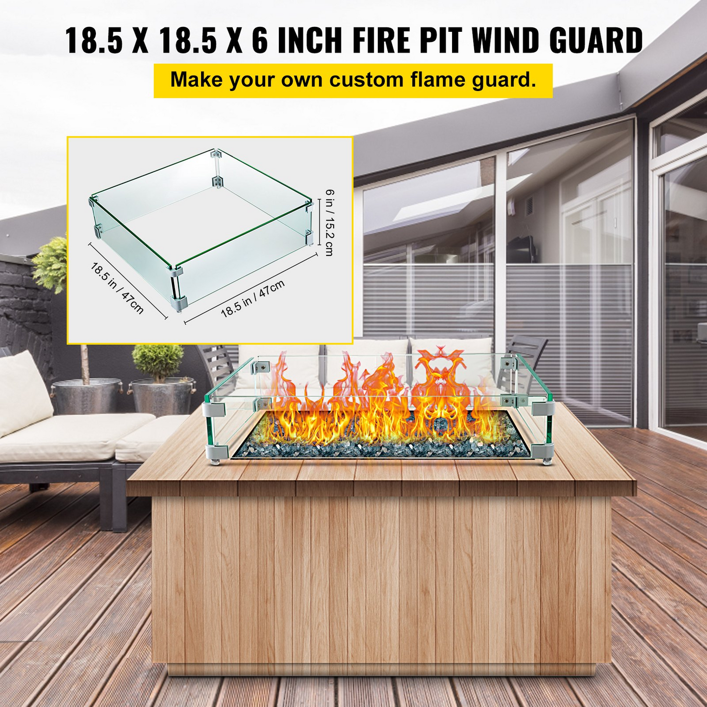 VEVOR Square Fire Pit Wind Guard, 19" x 19" x 6" Glass Flame Guard, Fire Wind Guard Fence with 5/16 Inch Thickness Clear Tempered Glass and Non-Slip Feet, for Propane, Gas, Fire Pits Pan/Table