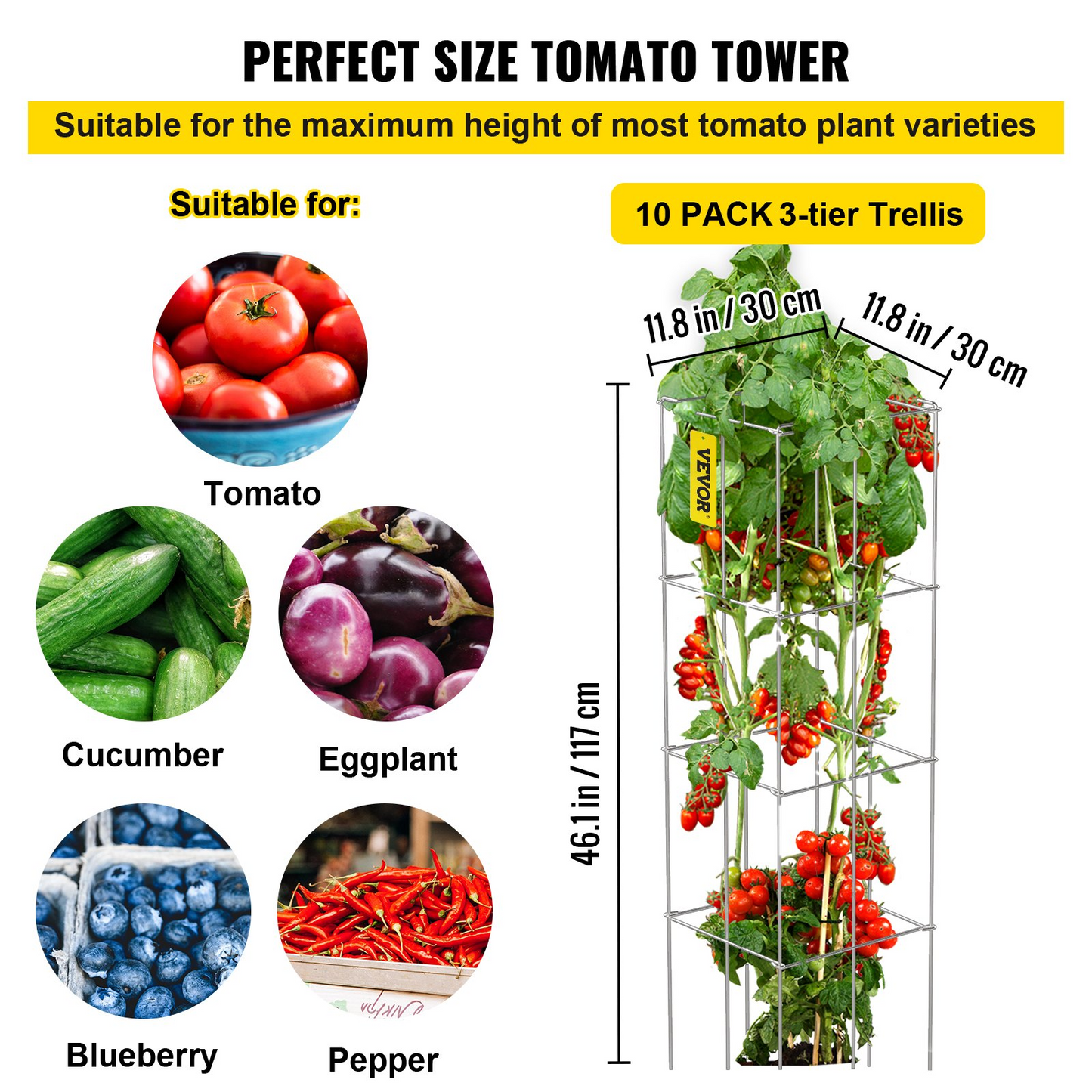 VEVOR Tomato Cages, 11.8" x 11.8" x 46.1", 10 Packs Square Plant Support Cages, Silver PVC-Coated Steel Tomato Towers for Climbing Vegetables, Plants, Flowers, Fruits