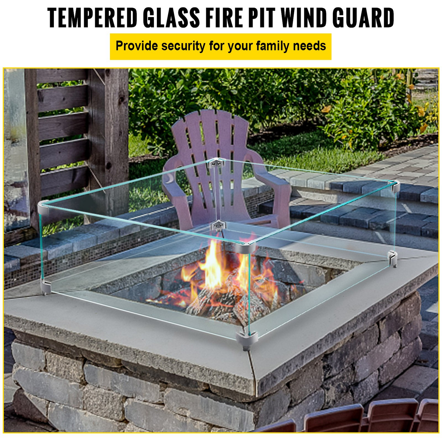 VEVOR Fire Pit Wind Guard, 14 x 14 x 6 Inch Glass Wind Guard, Rectangular Glass Shield, 0.3" Thick Fire Table, Clear Tempered Glass Flame Guard, Steady Feet Tree Pit Guard for Propane, Gas, Outdoor