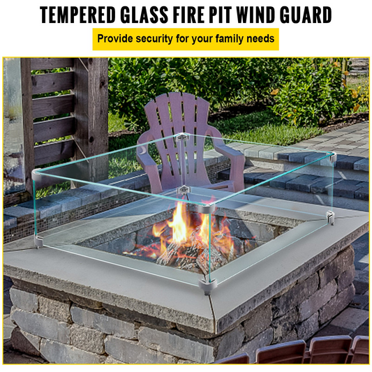 VEVOR Fire Pit Wind Guard, 14 x 14 x 6 Inch Glass Wind Guard, Rectangular Glass Shield, 0.3" Thick Fire Table, Clear Tempered Glass Flame Guard, Steady Feet Tree Pit Guard for Propane, Gas, Outdoor